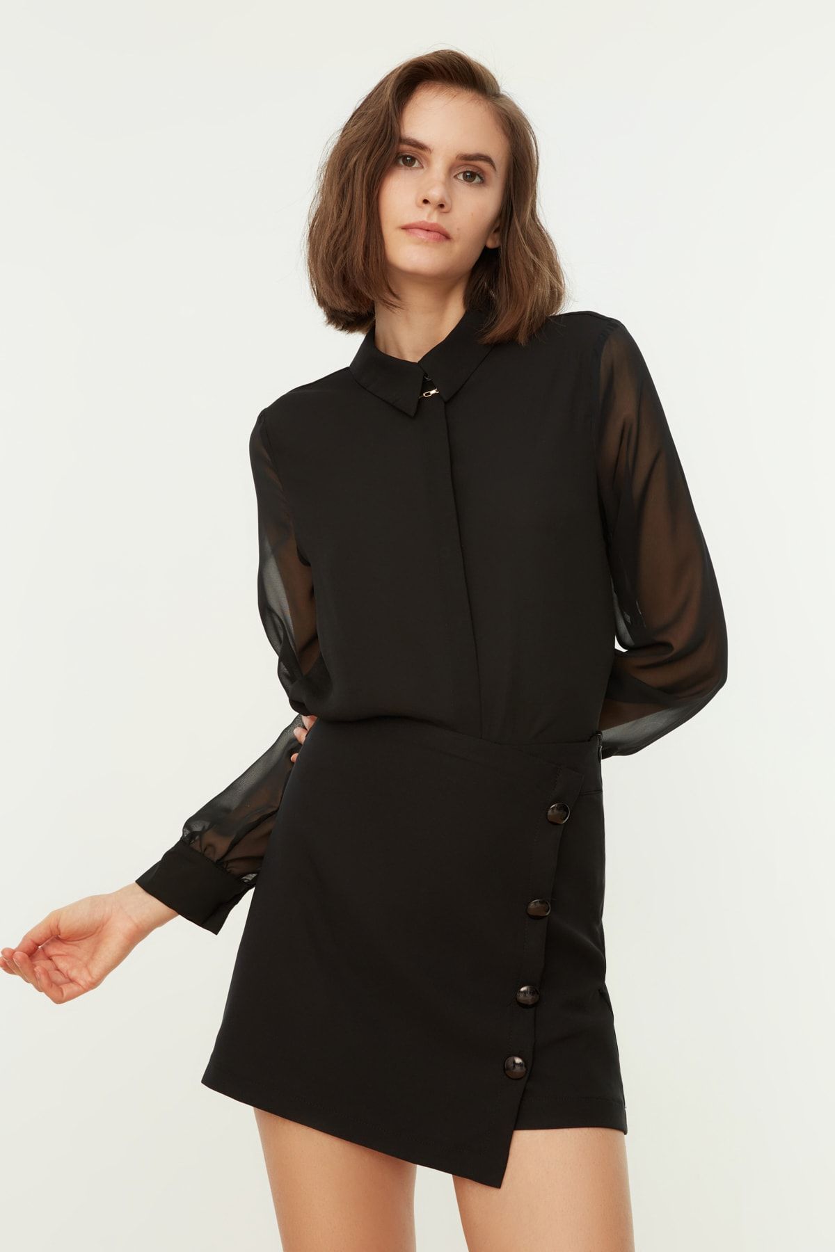 Trendyol Collection-Λεπτομερής υφασμένη φούστα με μαύρο κουμπί TCLAW19BY0045 7