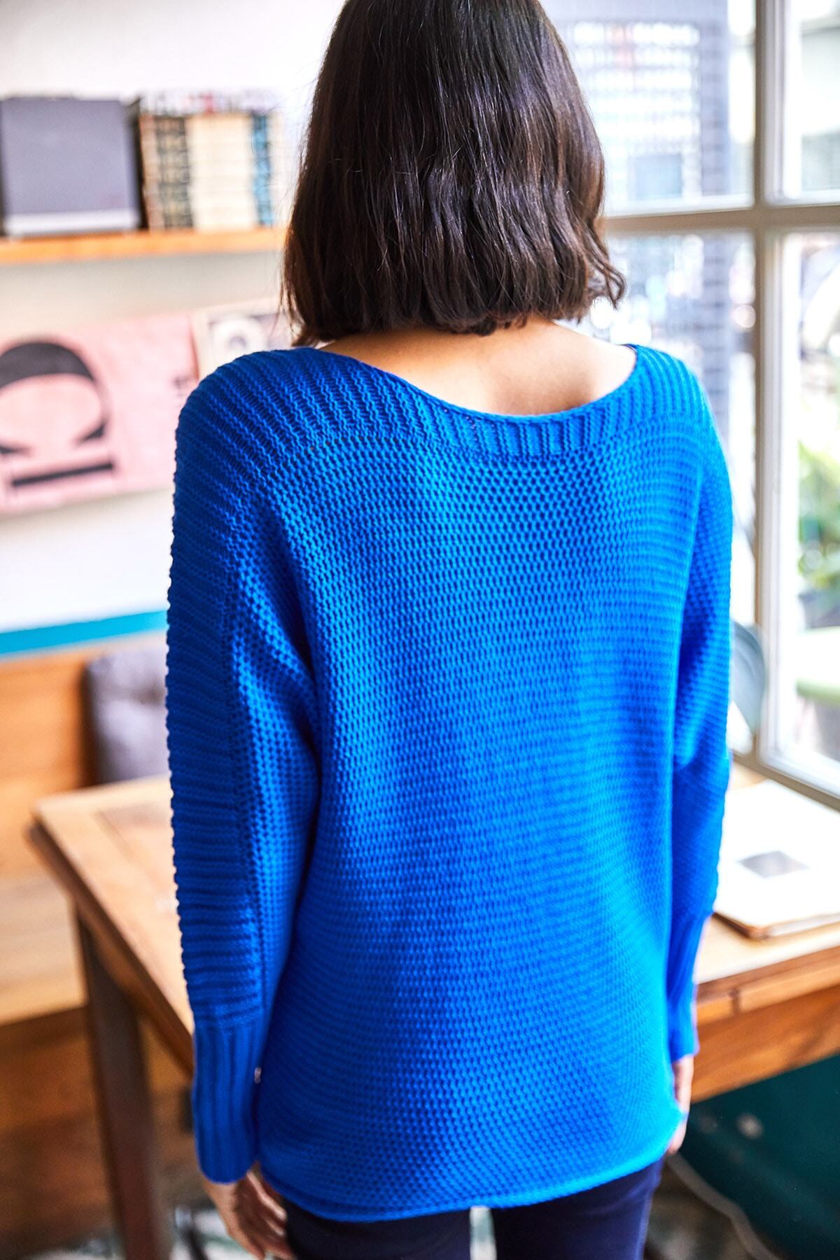 Olalook-Women's Saks Blue Sleeve Detailed Honeycomb Knit Sweater KZK-19000399 6