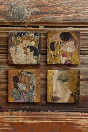 Taş Bardak Altlığı Stone Coasters - 4lü Set Gustav Klimt Tabloları BA558