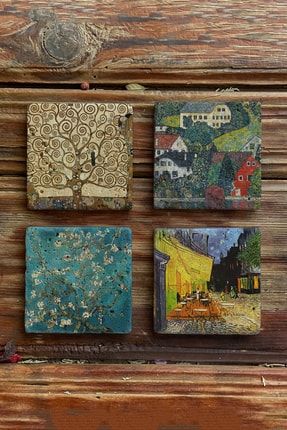 Taş Bardak Altlığı Stone Coasters 4lü Set Gustav Klimt Ve Van Gogh Tabloları BA567