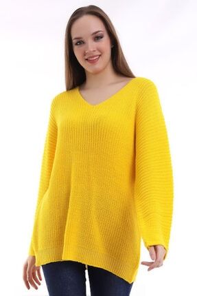 Kadın Sarı Oversize Salaş V Yaka Triko Kazak DVKA-0189