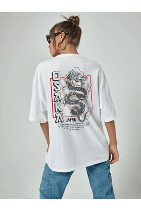 Kadın Oversize T-shirt Osakadragon Sırt Baskı Beyaz osaka4517