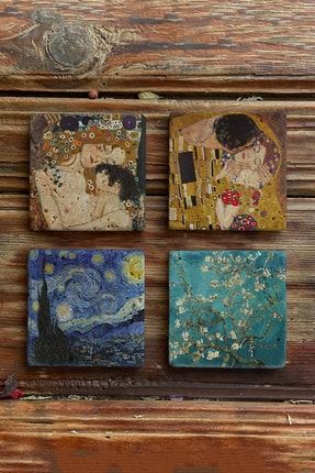 Taş Bardak Altlığı Stone Coasters - 4lü Set Gustav Klimt Ve Van Gogh Tabloları BA566