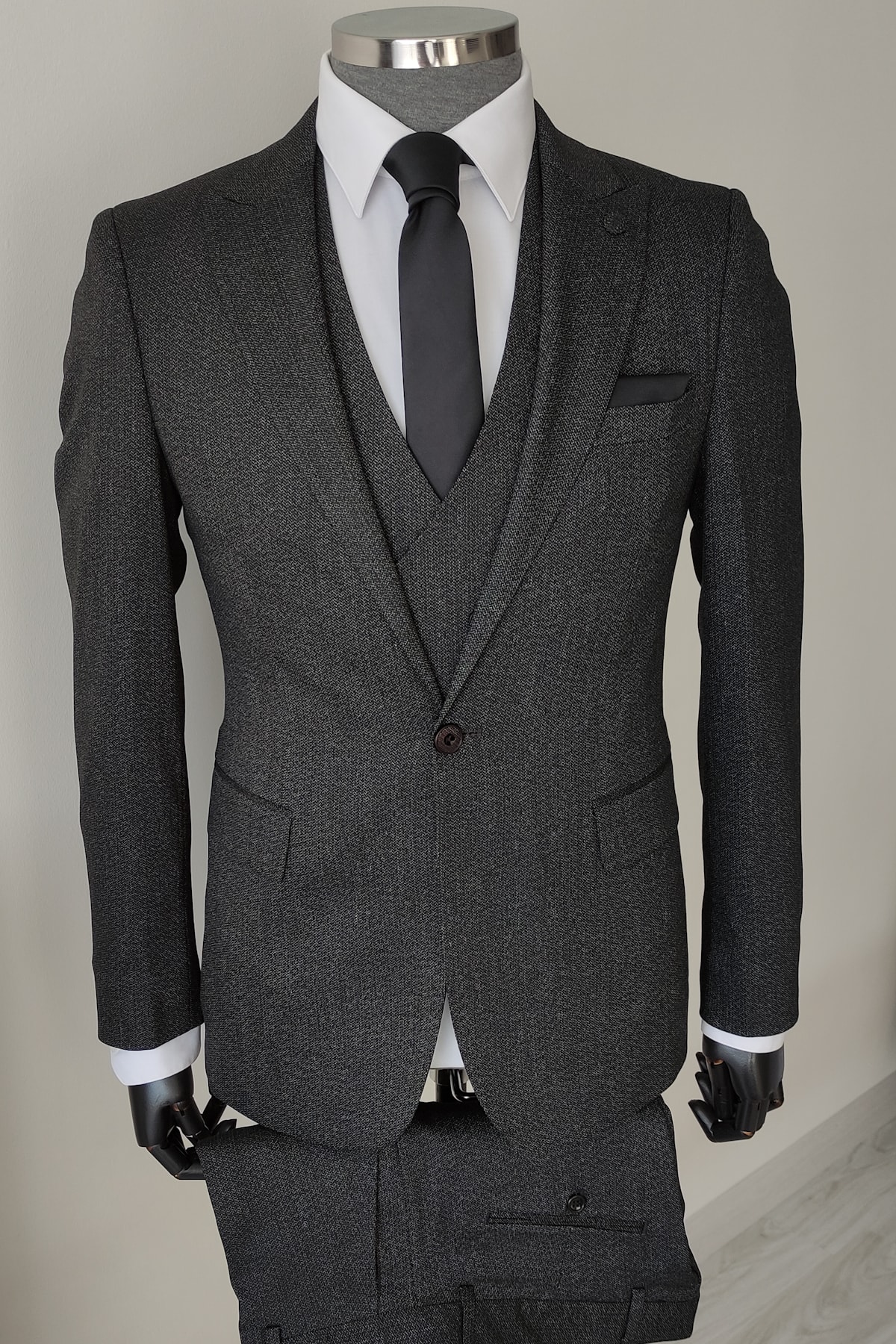 Marca Uno Slim Fit Dar Kesim Micro Desenli Yelekli Takım Elbise (kravat Ve Mendil Hediyeli)