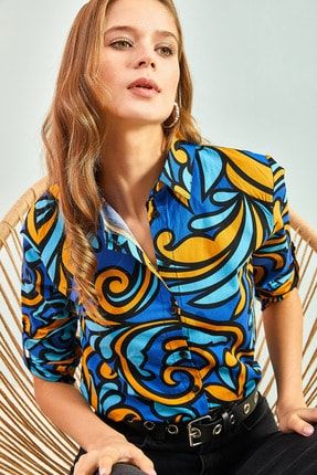 Kadın Kol Katlamalı Multi Desenli Viskon Gömlek 30501014
