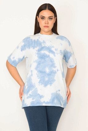 Kadın Mavi Pamuklu Kumaş Batik Desen Kısakol Sweatshirt 85N6344