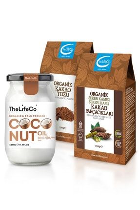 Organik, Soğuk Sıkım Hindistan Cevizi Yağı 337 Ml & Kakao Ürünleri Paketi 100 G X2 Adet (glutensiz) 8682279902029-1