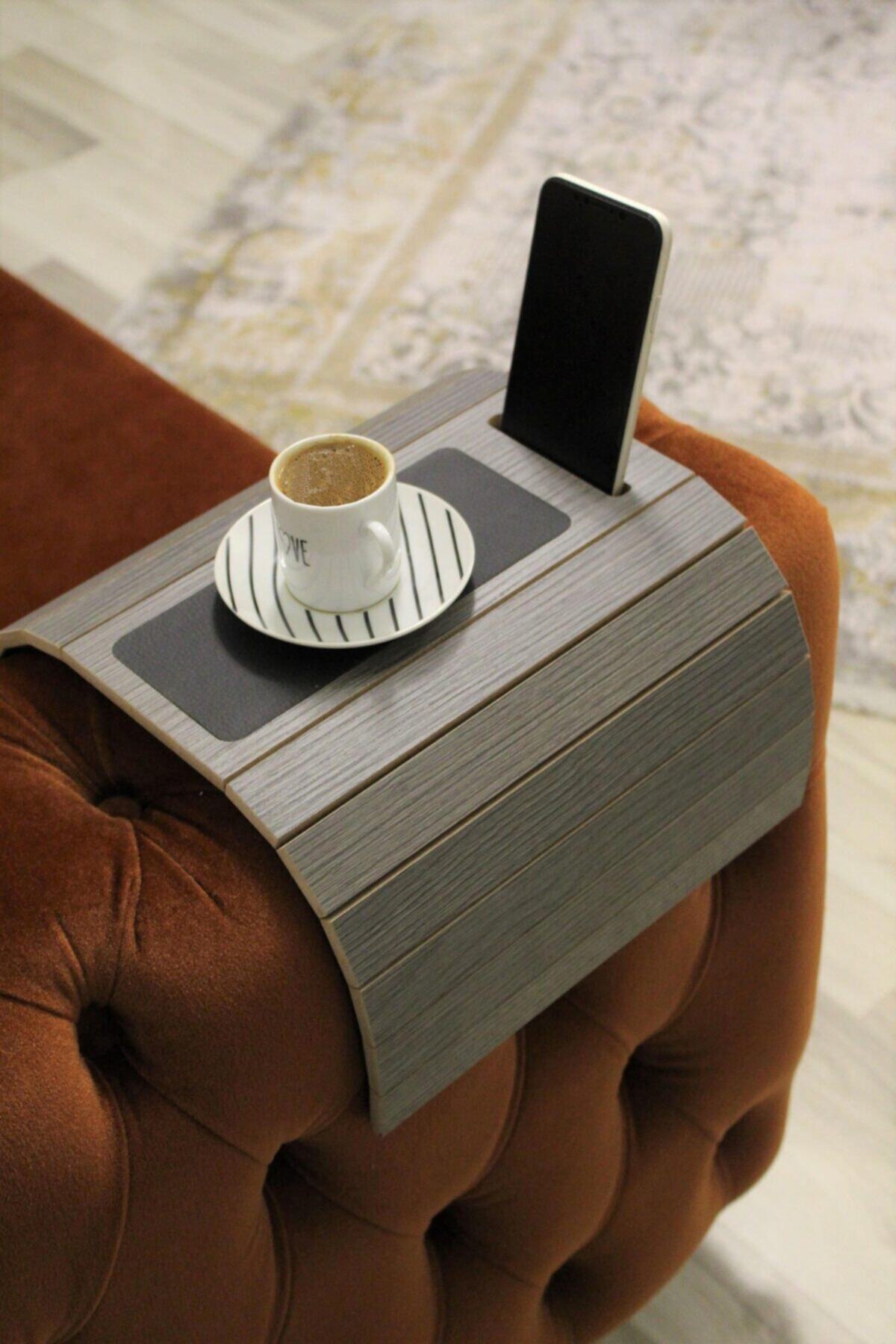 Leather Sofa with Phone Holder Armrest Coffee Table Anthracite Oak