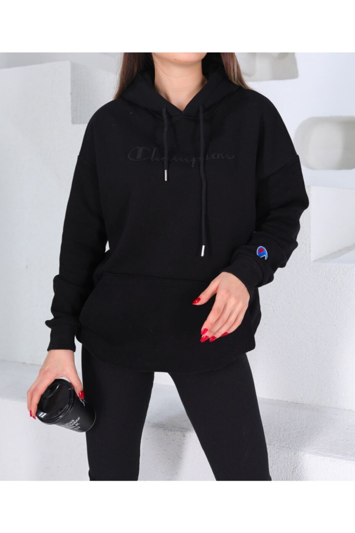 Sparrow Laurel Black Champion Embroidered Hooded Oversized Fleece