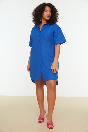 Mavi Yırtmaçlı Arkası Uzun Dokuma Gömlek Elbise TBBSS22AH0030