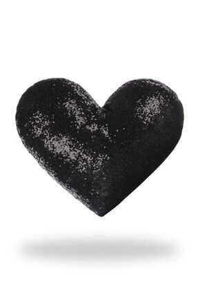 Kalp Şekilli Payetli Dekoratif Yastık Kılıfı - Siyah PKALP003