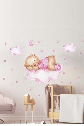 Pembe Pijamalı Ayıcık Bulutlar Ve Yıldızlar Kız Çocuk Odası Duvar Sticker KTSY01SGA010