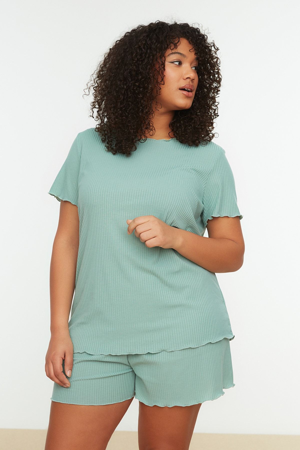 Trendyol Curve-Mintfarbenes, geripptes Strick-Pyjama-Set TBBSS22PT0216 3
