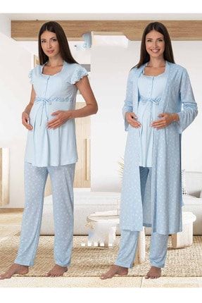 Effort Kadın Mavi Hamile Lohusa Sabahlıklı Pijama Takımı 6014 KTS6014