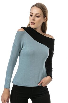 Kadın Mavi Kayık Yaka Renk Bloklu Omuz Dekolteli Bluz BKT-203068