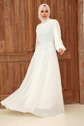 Tesettürlü Abiye Elbise - Boncuk Detaylı Beyaz Tesettür Abiye Elbise 33490b OZD-33490