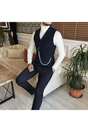 Italyan Stil Erkek Kışlık Kruvaze Kaşe Cepken Yelek Lacivert T6389