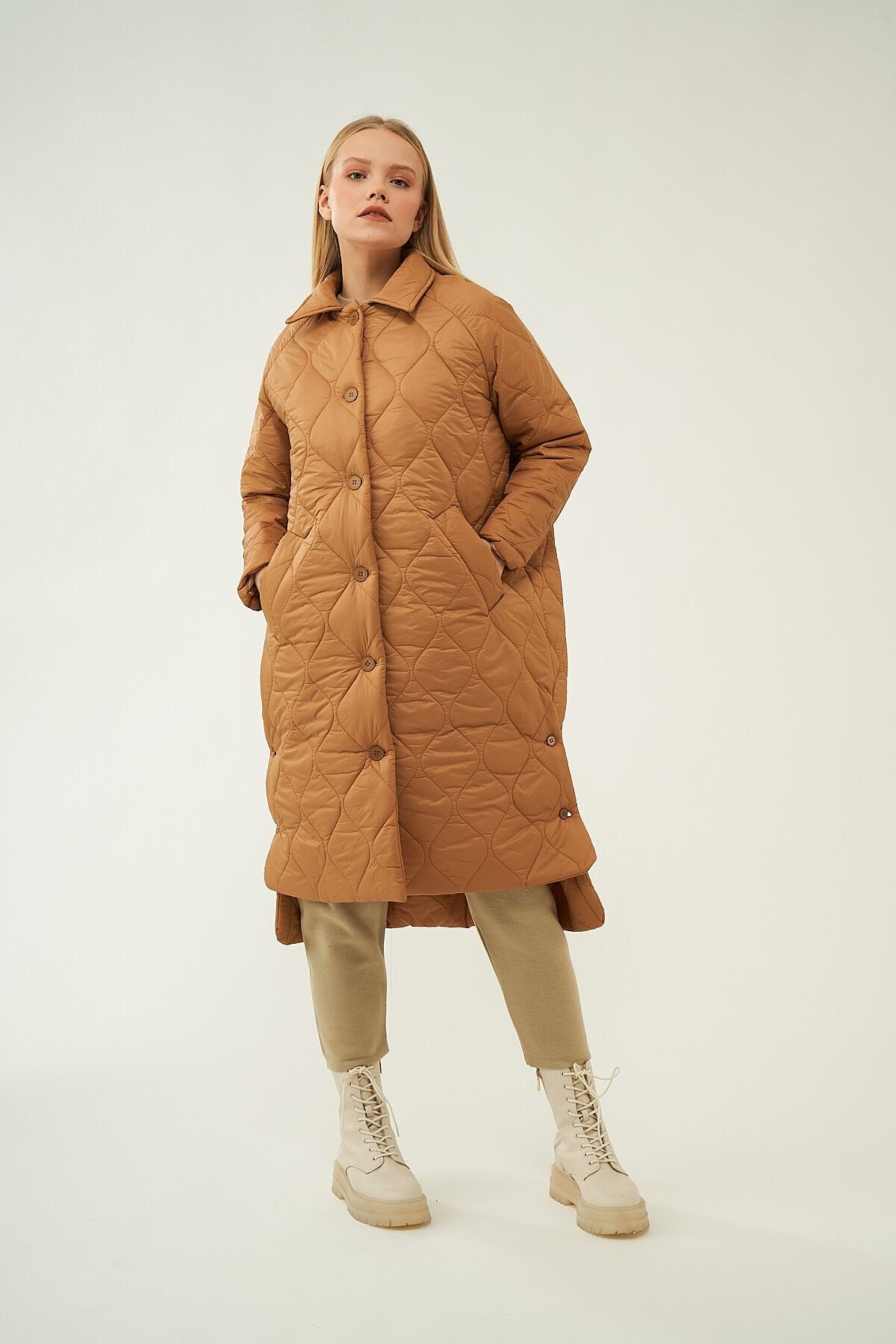 Mevra-- Long Button Puffer Jacket Camel 2