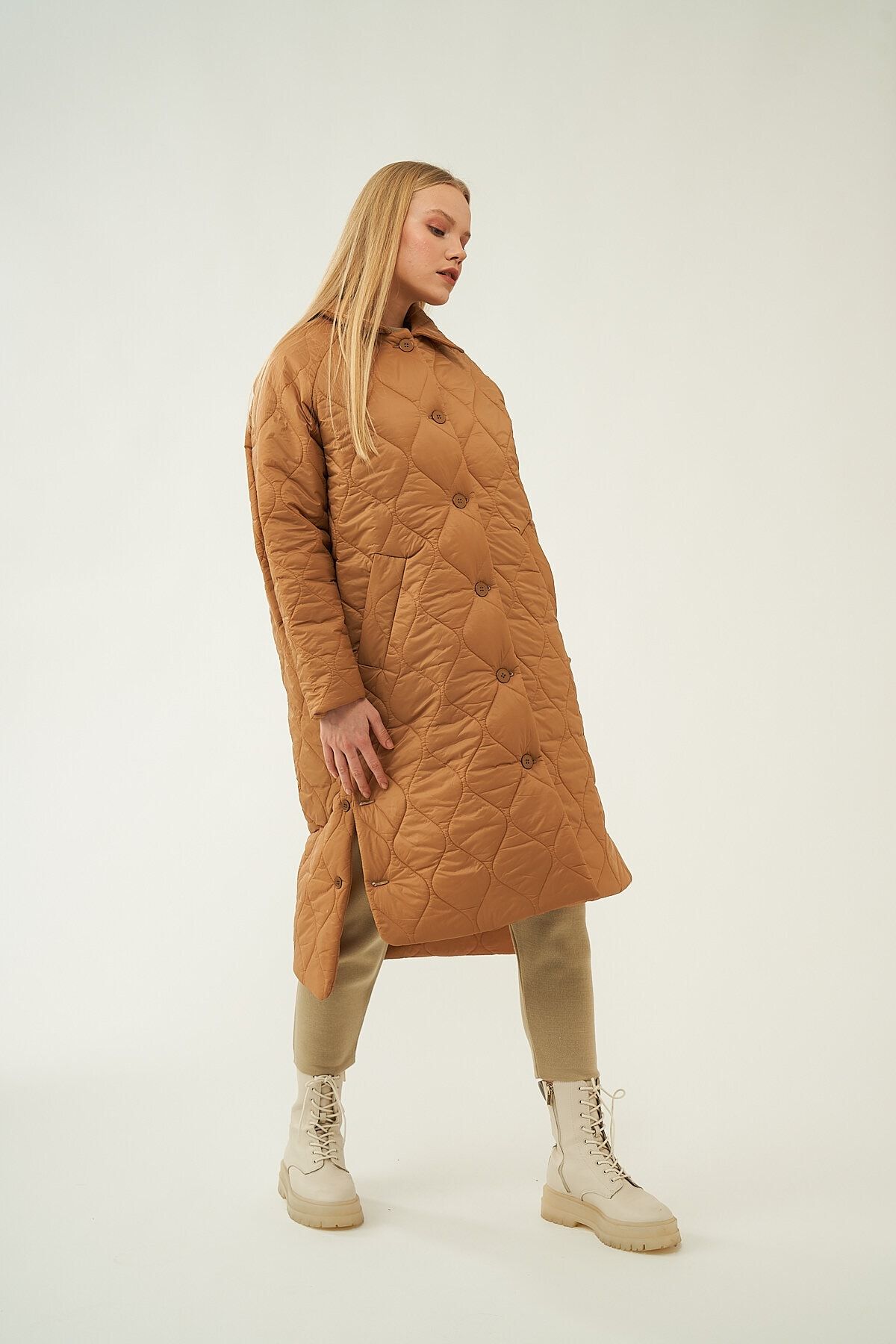 Mevra-- Long Button Puffer Jacket Camel 6