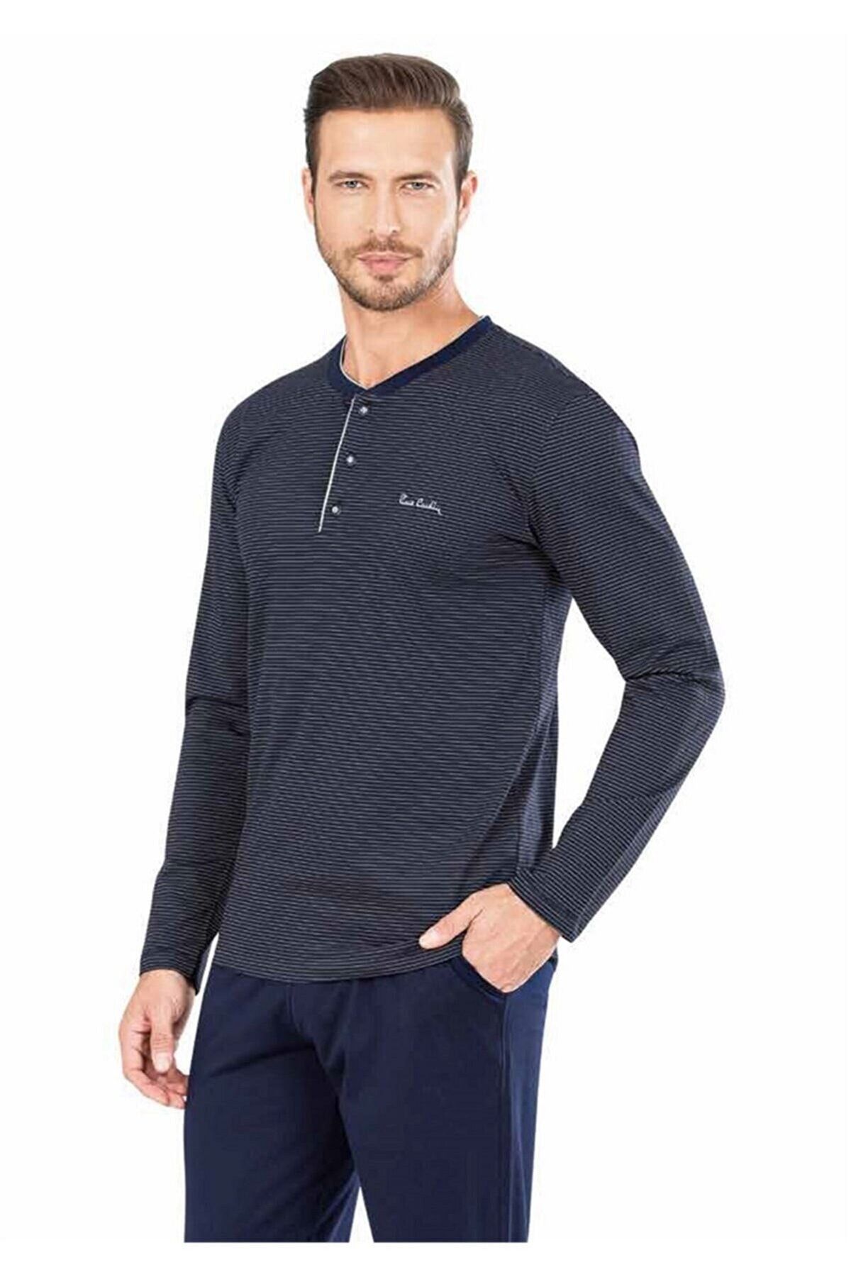 ست پیژامه آبی مردانه جهیزیه نخی آستین بلند لباس خواب Erekek جعبه ای 5656 Pierre Cardin