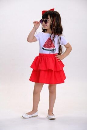 Kız Çocuk Karpuz Desenli Süprem Tshirt Nakışlı Kobe Etek Ve Fiyonk Toka 3lü Takım TFK22010