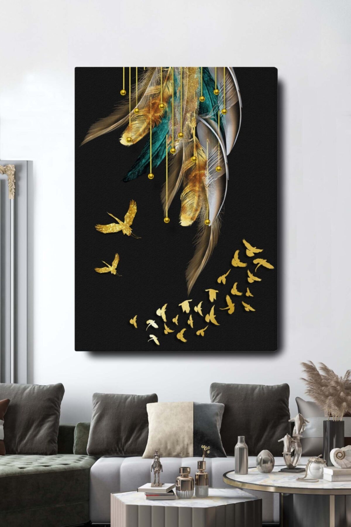 Decorative Abstract Golden Birds Surreal Canvas Wall Chart
