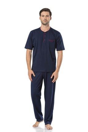 %100 Pamuk Erkek Kısakollu Şortlu Lacivert 3'lü Penye Pijama Takımı P53C70N