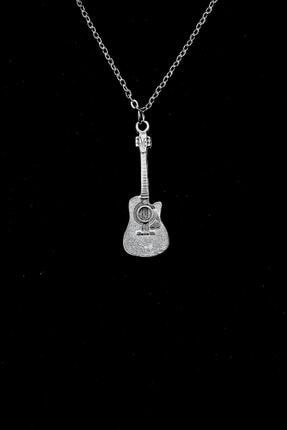 Gümüş Renk Akustik Klasik Gitar Erkek Kadın Kolye Antik Gümüş Kaplama - 60 cm Düz Zincir 1039-Z1