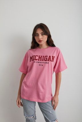 Kadın Pembe Michigan Baskılı Oversize T-shirt 02TMCG