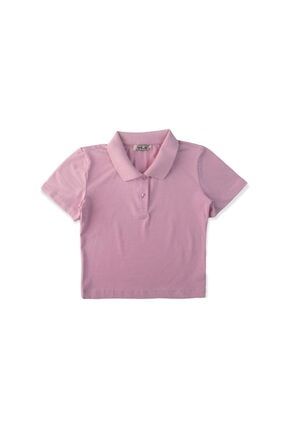 Pembe Polo Yaka Basic Crop Örme T-shirt PST2022