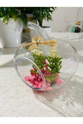 Dekoratif Salon Süs Cam Fanus Çiçek Süs Yapay Noel Yılbaşı Hediyelik Christmas Süs Salon Pembe saksı14256hmftr