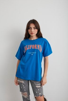 Kadın Saks Mavi California Baskılı Oversize T-shirt 02TCLF