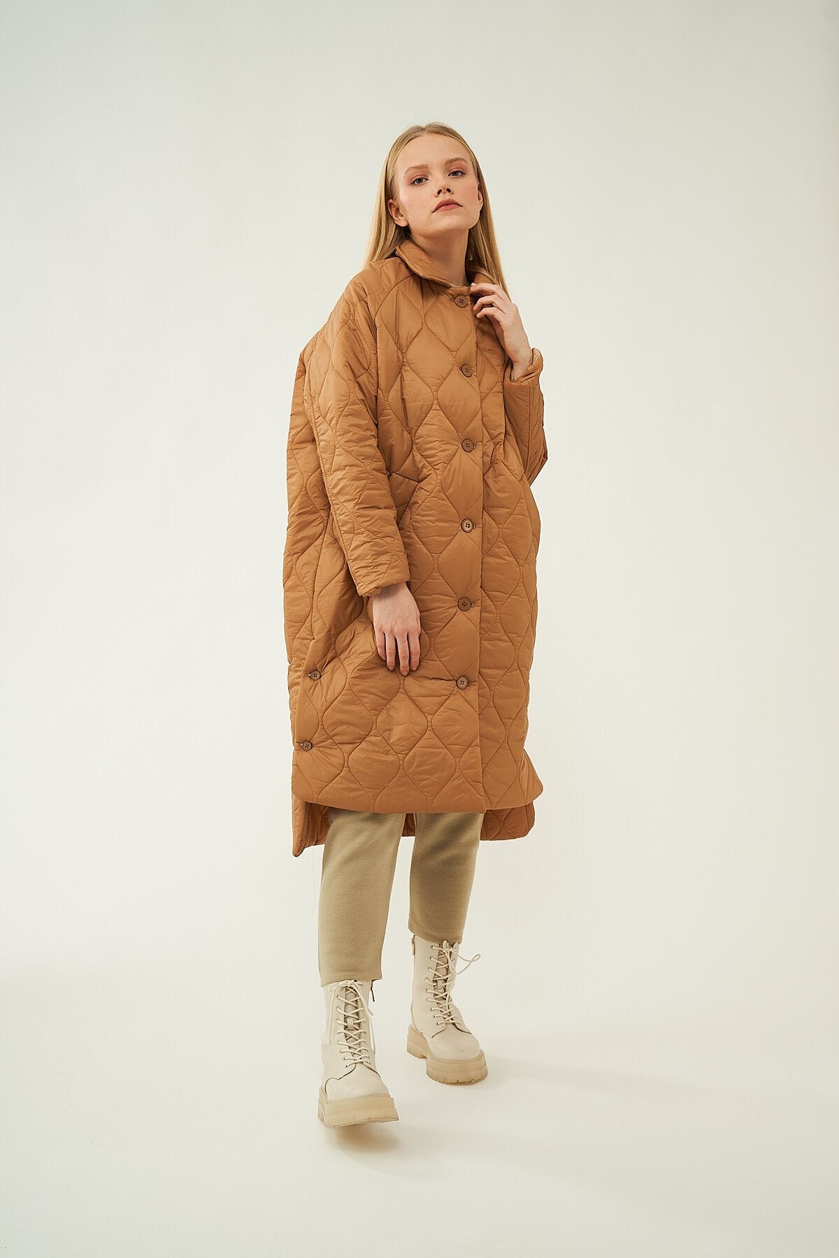 Mevra-- Long Button Puffer Jacket Camel 3
