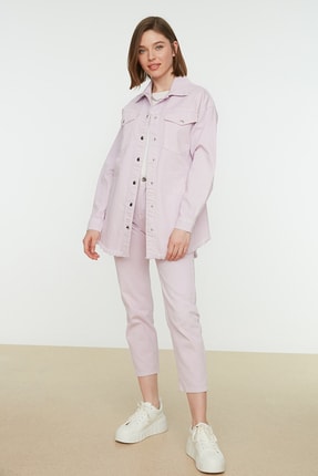 Trendyol Modest Lila G&ouml;mlek Yaka Denim Ceket TCTSS21CE0398