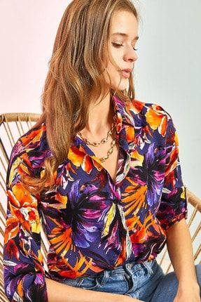 Kadın Multi Yaprak Desenli Kol Katlamalı Viskon Gömlek 30501018