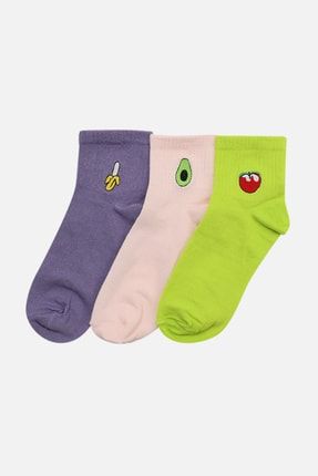 Lila Nakışlı 3'lü Paket Örme Soket Çorap TWOSS20CO0053