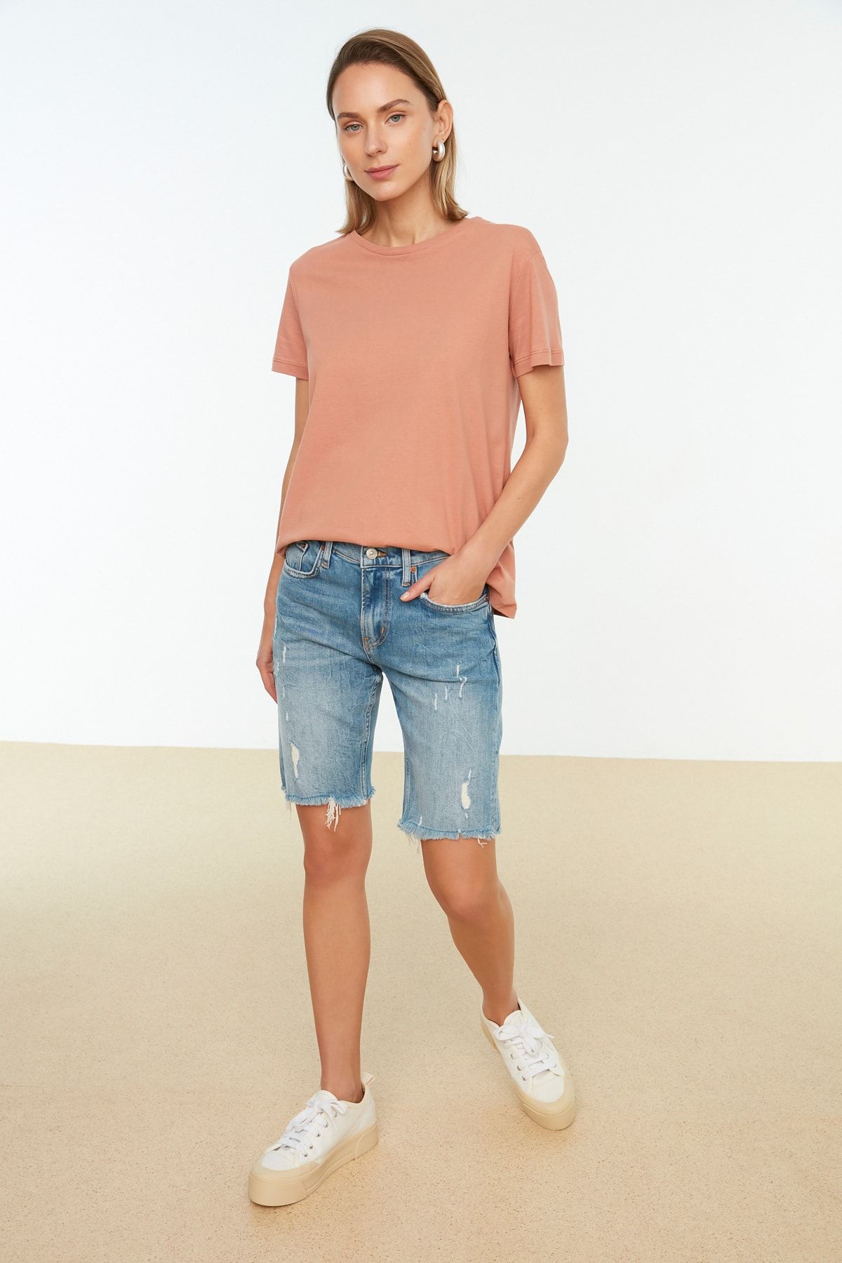 Trendyol Collection-Khaki-Lachs Single Jersey Rundhalsausschnitt 2er-Pack gestrickte T-Shirts – 100 % Baumwolle TWOSS20TS0141 11