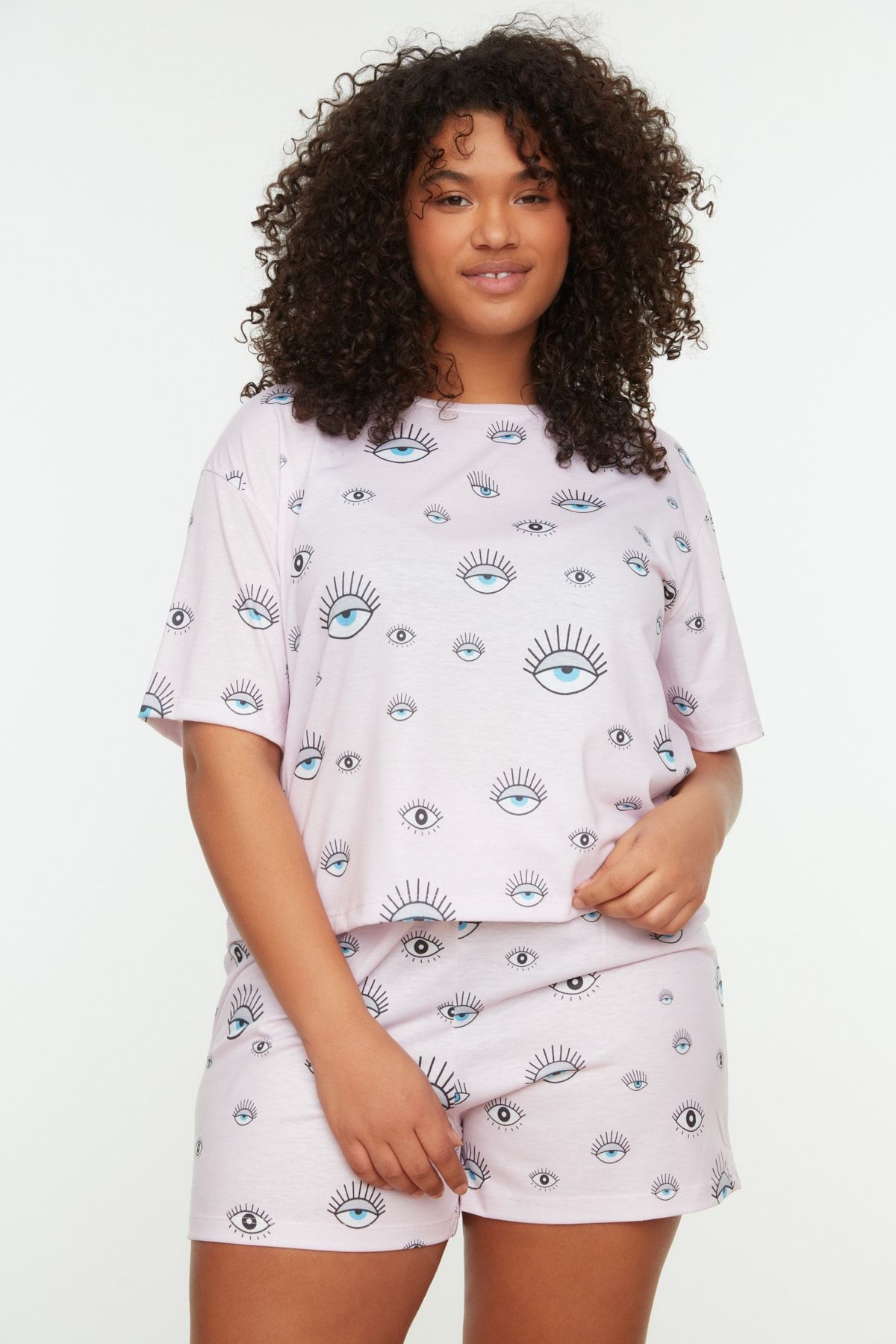 Trendyol Curve-Puderfarbenes, gemustertes Pyjama-Set aus Strick TBBSS22PT0233 2