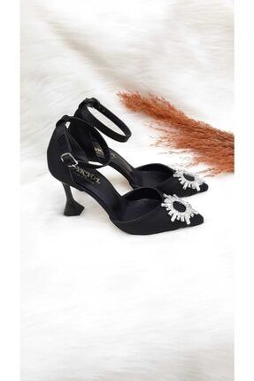 Kadın Siyah Saten Şampanya Topuk Güneş Taşlı Bilekten Bağcıklı Ayakkabı HV059