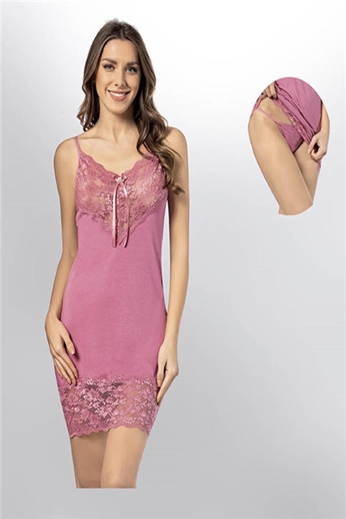 KOTA Kadın Gül Kurusu Dantel Detaylı Ip Askılı Bikinili Gecelik 6298