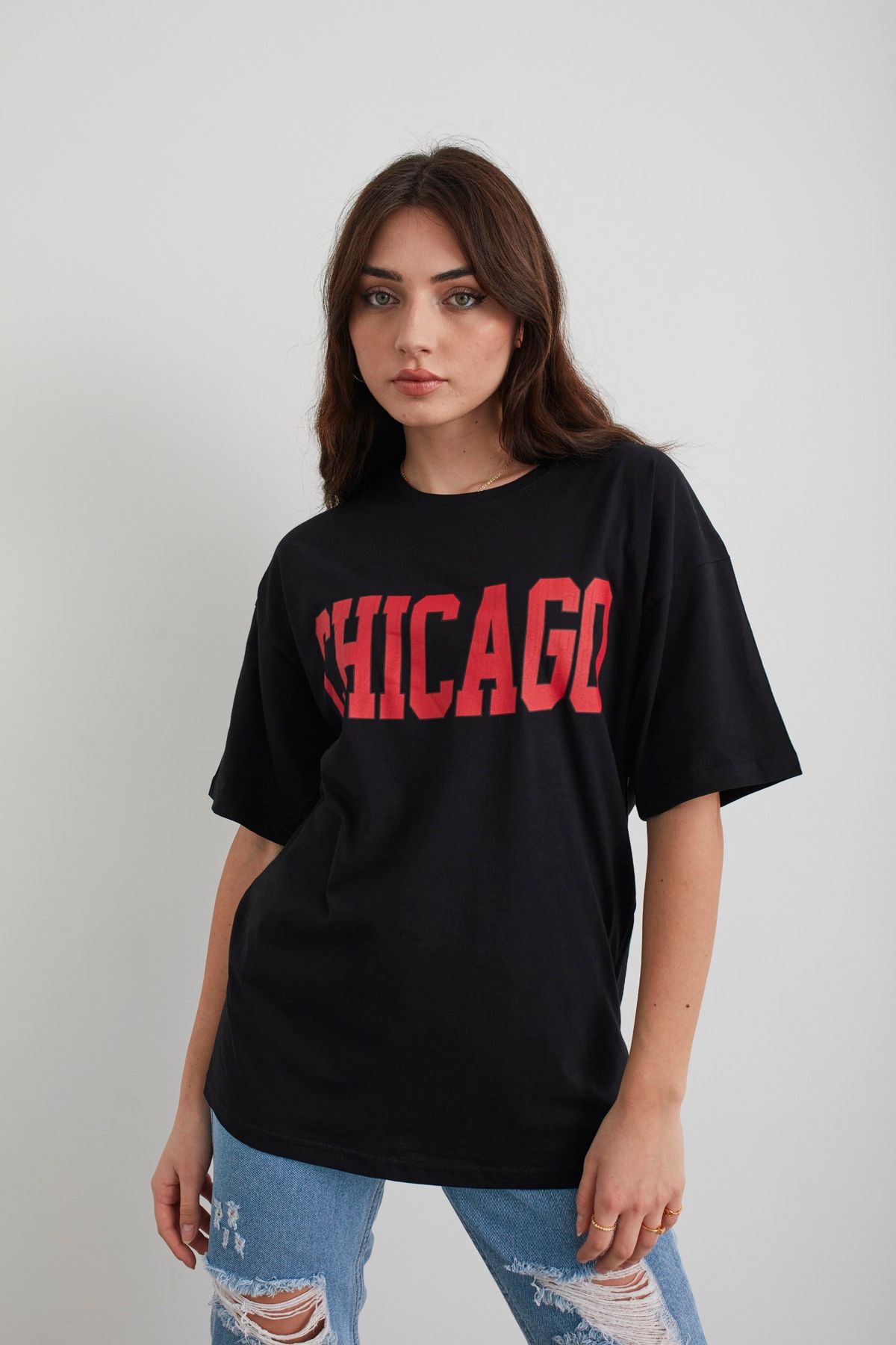 Mad&Calf Tricou Oversize Cu Imprimeu Chicago Negru De Damă Femeie - XL