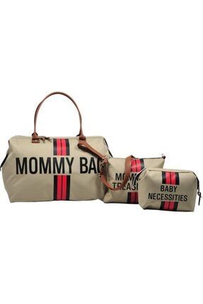 Mommy Bag Exclusive Tasarım Kırmızı Çizgili 3'Lü Set Bej Baby Anne Bebek Bakım ve Kadın Çantası AYB-MSCC
