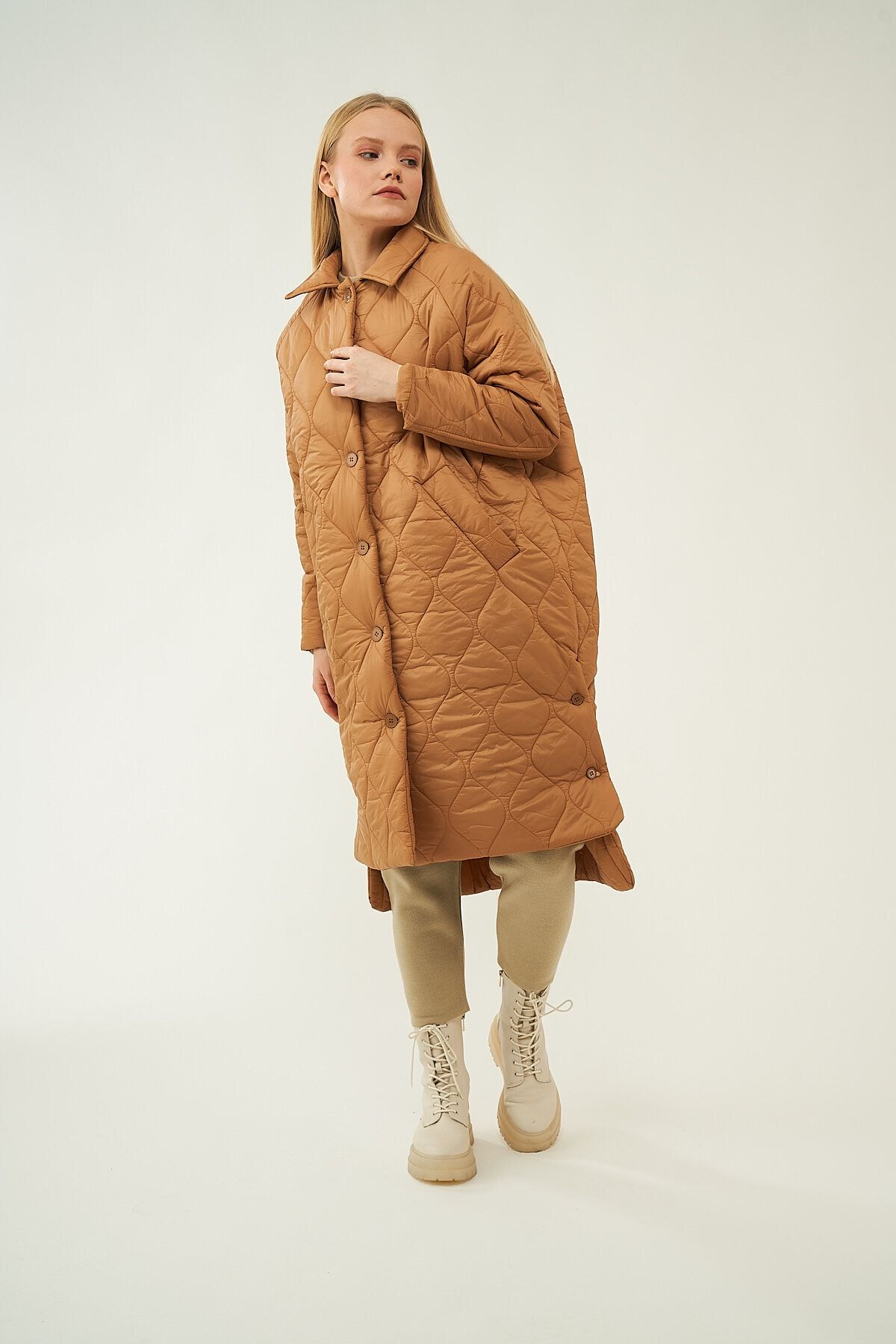 Mevra-- Long Button Puffer Jacket Camel 4