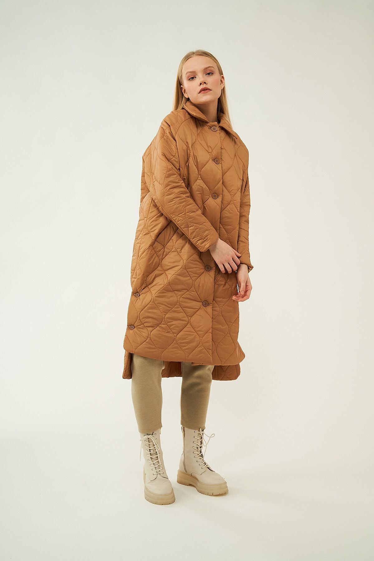 Mevra-- Long Button Puffer Jacket Camel 5