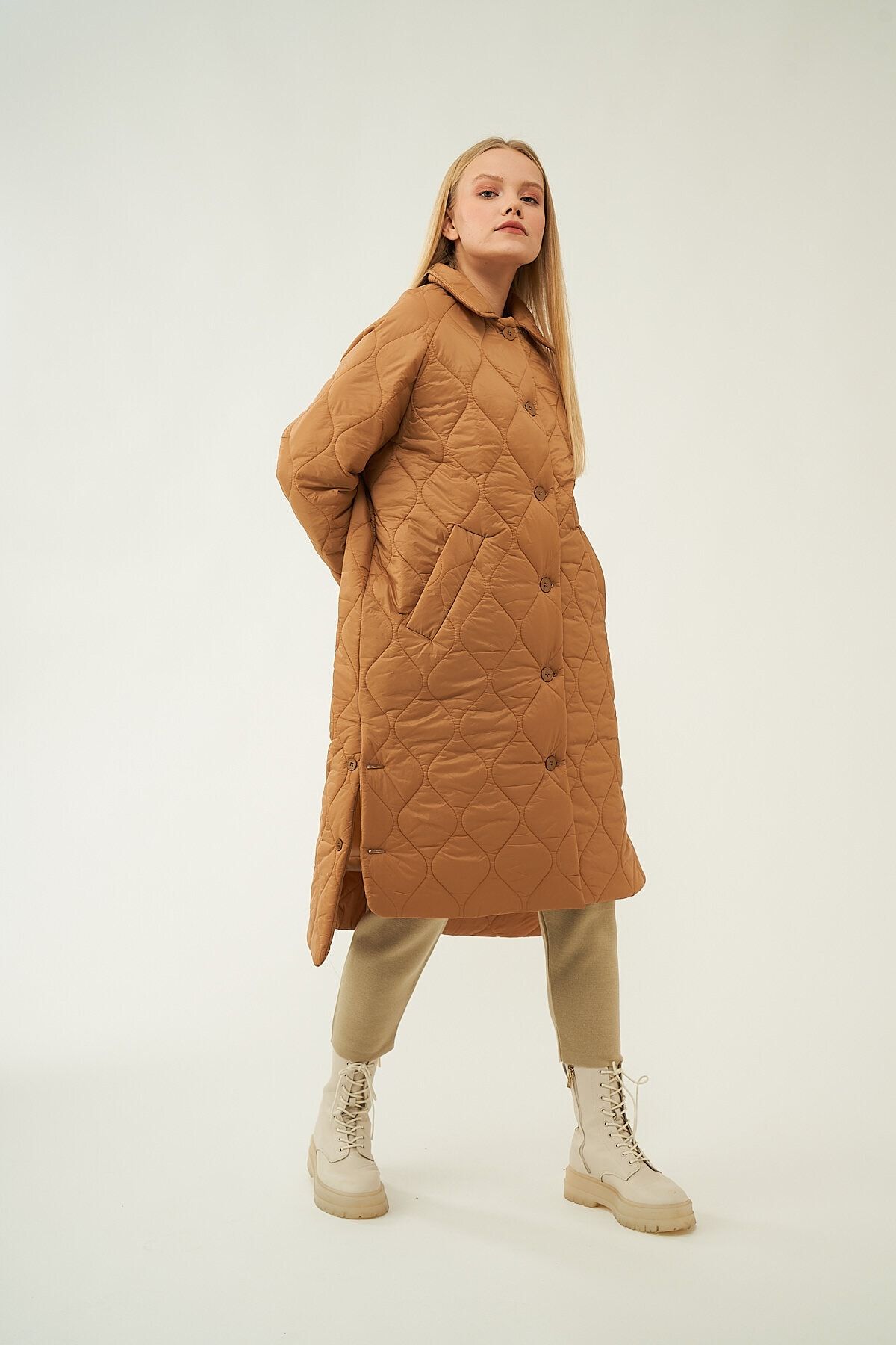 Mevra-- Long Button Puffer Jacket Camel 7