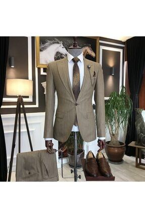 Italyan Stil Slim Fit Erkek Ceket Pantolon Takım Elbise Camel T6481
