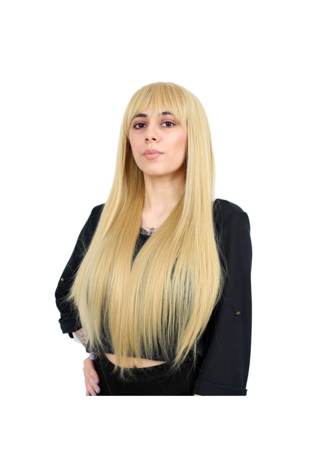 Peruk Market Sarı Fiber Sentetik Uzun Düz Kahküllü Peruk