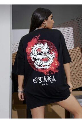 Kadın Siyah Oversize Osaka Baskılı T Shirt Osaka Kırmızı-Osaka-Tshirt