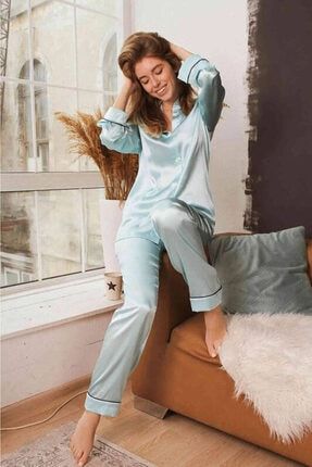 Mavi Saten Uzun Kol Düğmeli Pijama Takım mr-2333