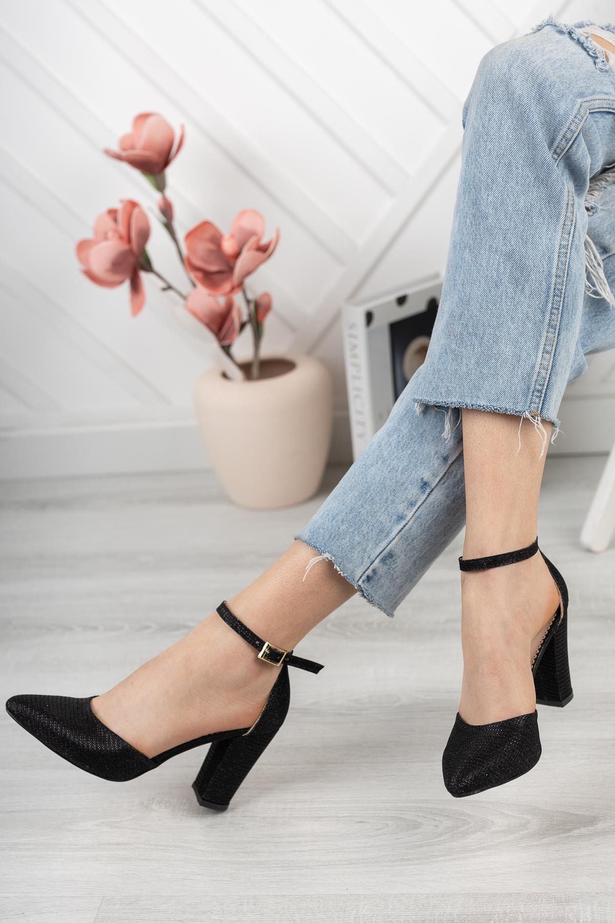 MERVE BAŞ-Black Chupra High Thick Heel Women's Classic Heeled Shoes 2